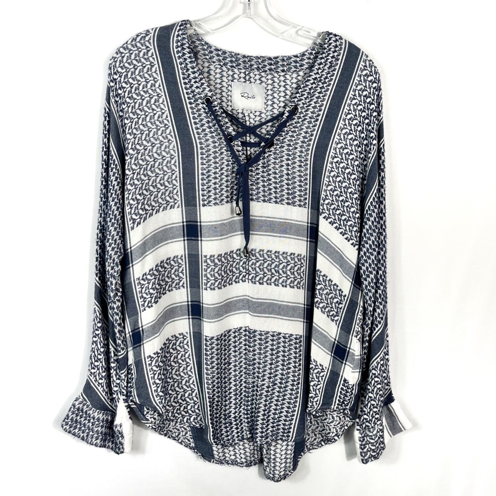 Rails Women’s Lilly Sapphire Blue & White Plaid Lace Up Blouse Small S Relaxed